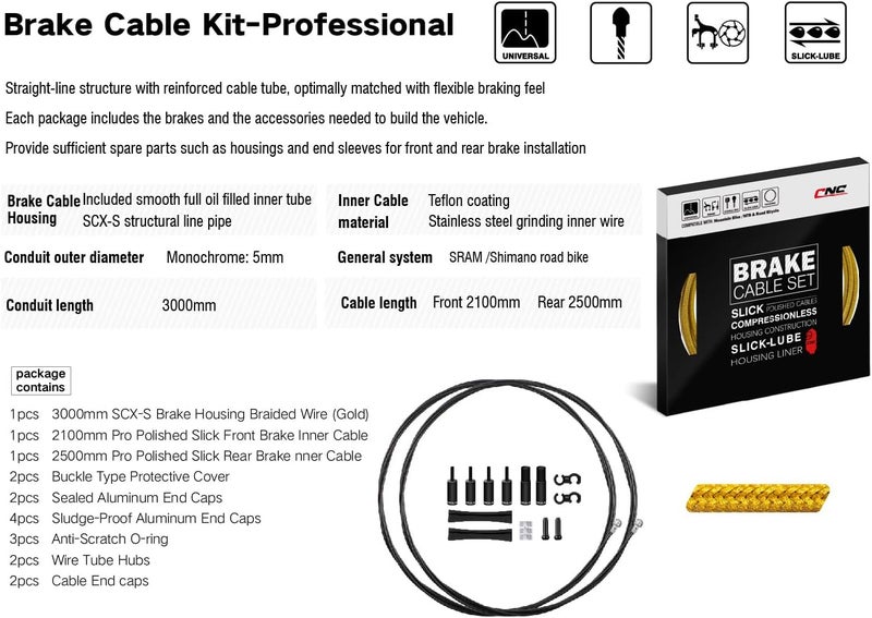 CNC Road Bike Brake Cable Kit,Universal Brake Cable Housing Coated Braided & Teflon Inner line For Bicycle Road Bike（Black/Gold/Silver/Titanium silver） - Image 2